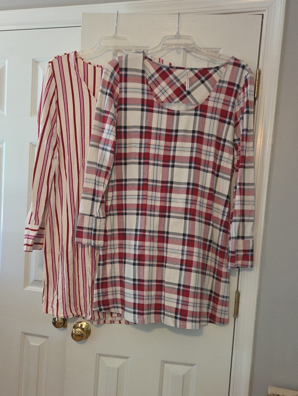 Soma Two Sleepshirts  Red, Pink & Teal Plaid & Red & White Stripe